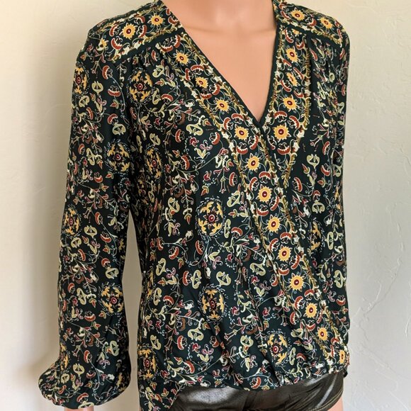 MAX STUDIO Floral Green Blouse - Faux Wrap High/Low Hem XS - Picture 2 of 5